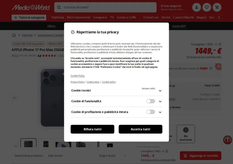 Schermata della pagina offerta di Mediaworld