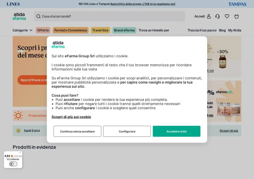 Schermata della pagina offerta di eFarma
