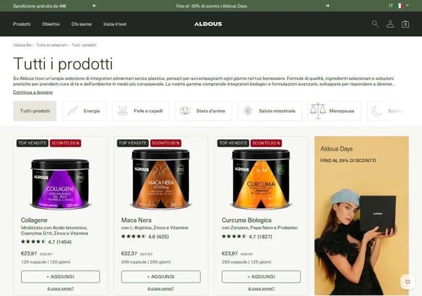 Schermata della pagina offerta di Aldous Bio