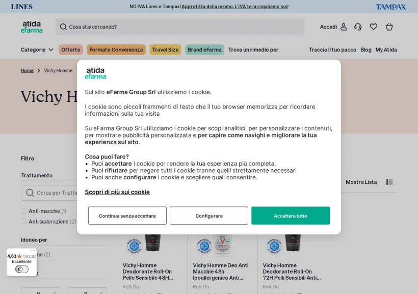 Schermata della pagina offerta di eFarma