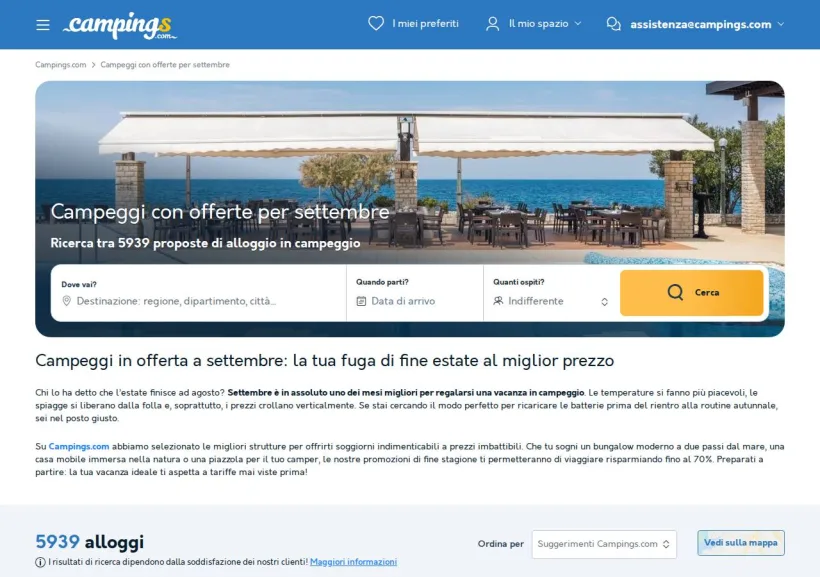 Schermata della pagina offerta di Campings.com
