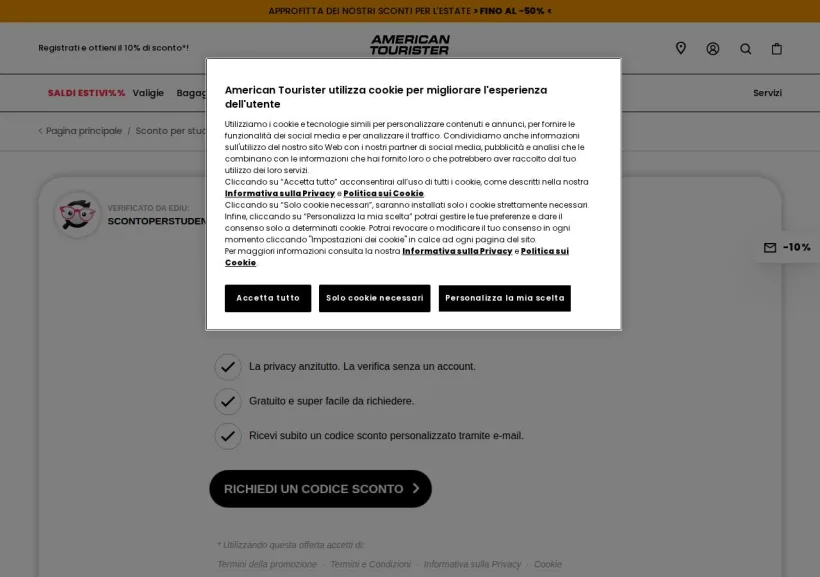 Schermata della pagina offerta di American Tourister