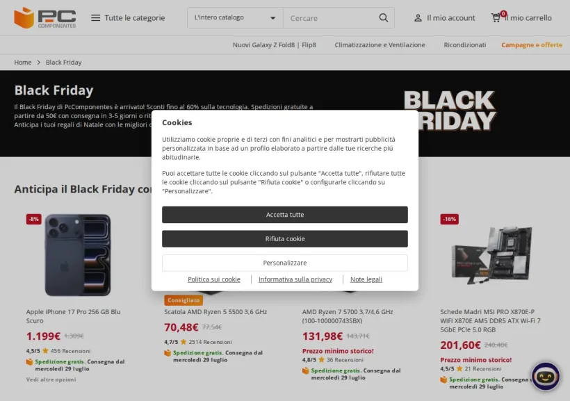 Schermata della pagina offerta di Pc Componentes