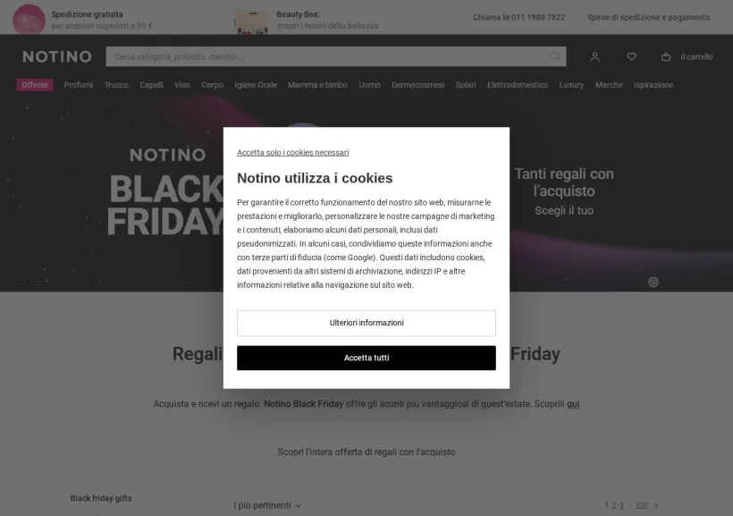 Schermata della pagina offerta di Notino