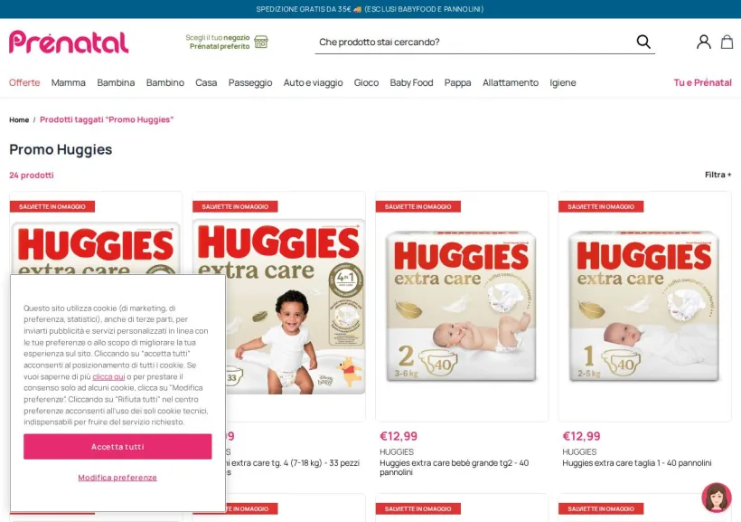 Schermata della pagina offerta di Prenatal