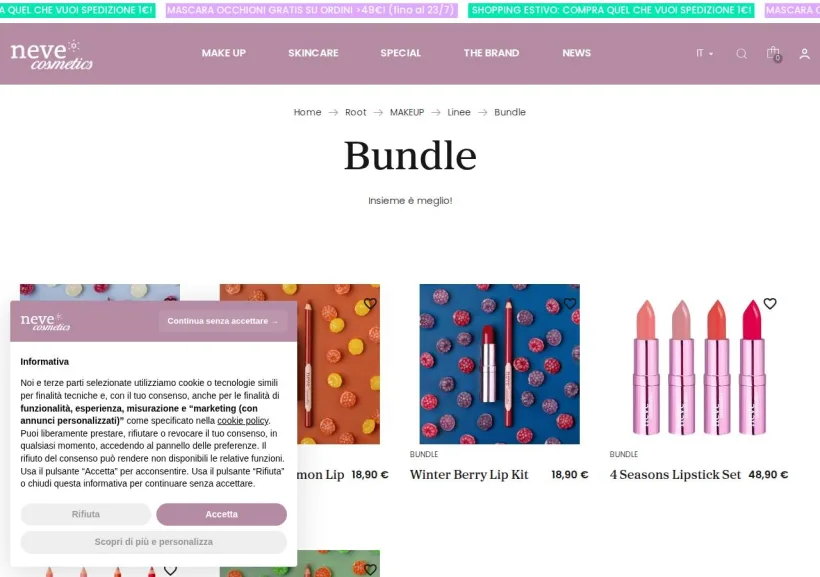 Schermata della pagina offerta di Neve Cosmetics
