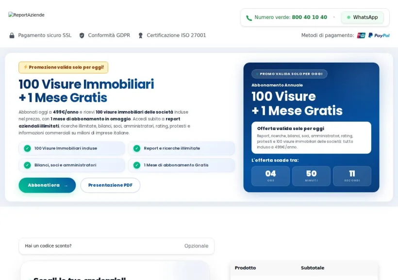 Schermata della pagina offerta di Reportaziende