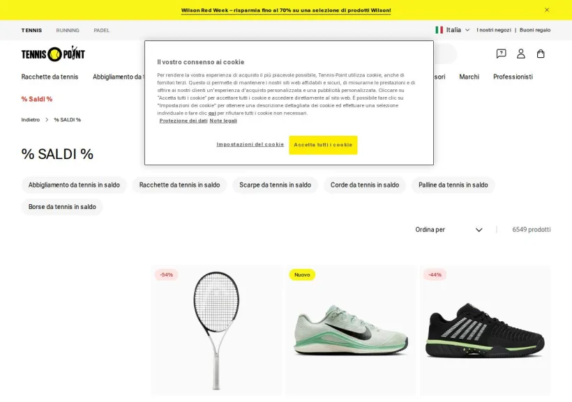Schermata della pagina offerta di Tennis Point