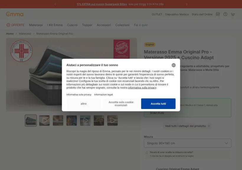 Schermata della pagina offerta di Emma Mattress