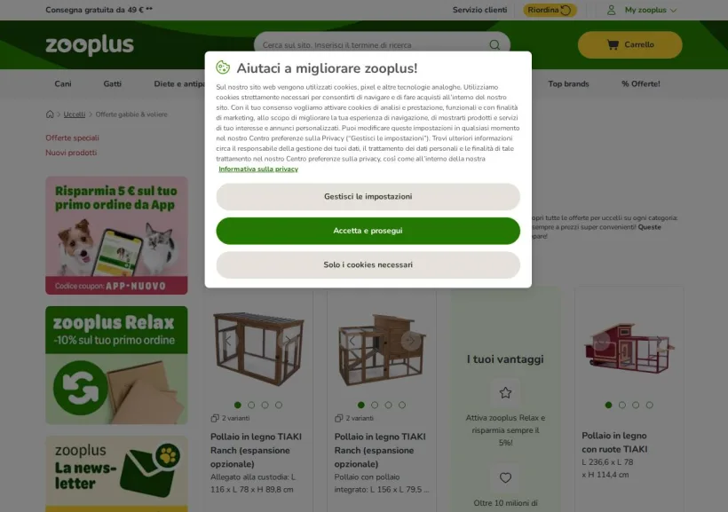 Schermata della pagina offerta di Zooplus