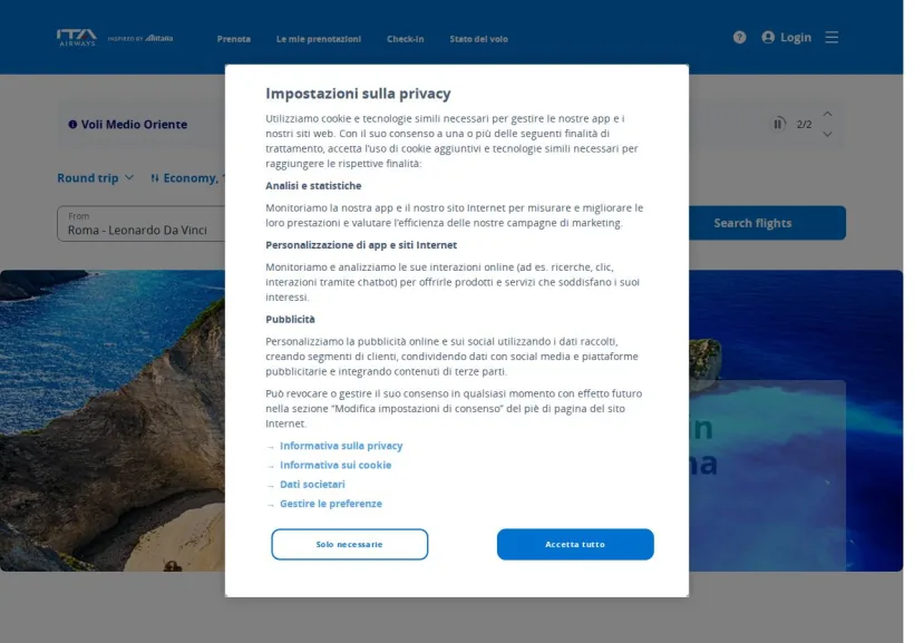 Schermata della pagina offerta di ITA Airways