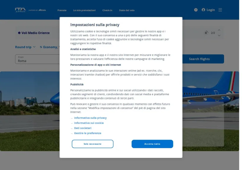 Schermata della pagina offerta di ITA Airways