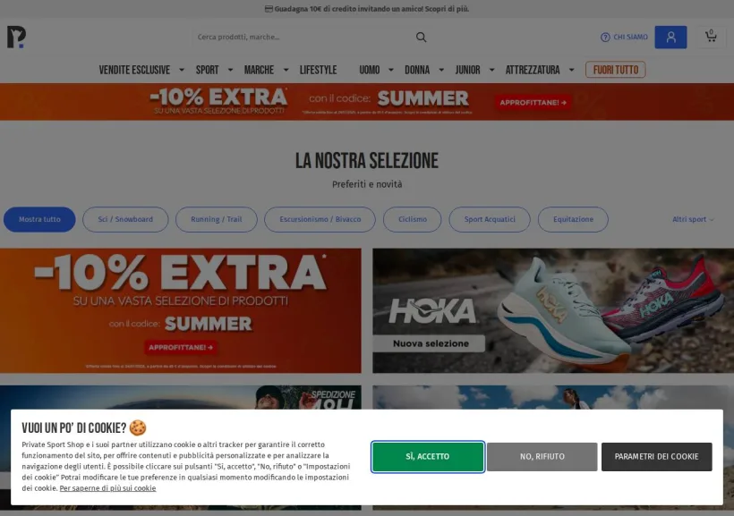 Schermata della pagina offerta di Private Sport Shop
