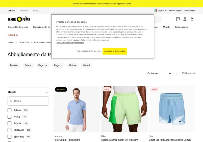 Schermata della pagina offerta di Tennis Point