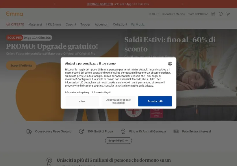 Schermata della pagina offerta di Emma Mattress