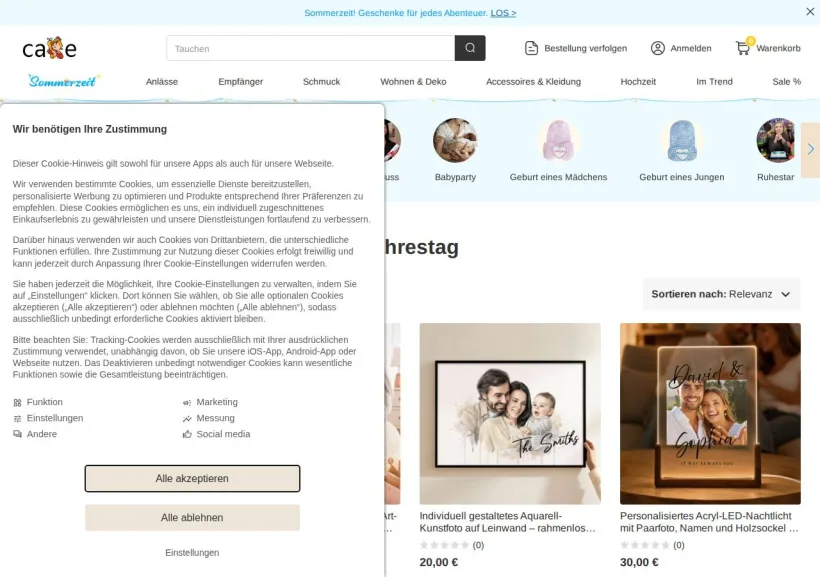 Schermata della pagina offerta di Callie