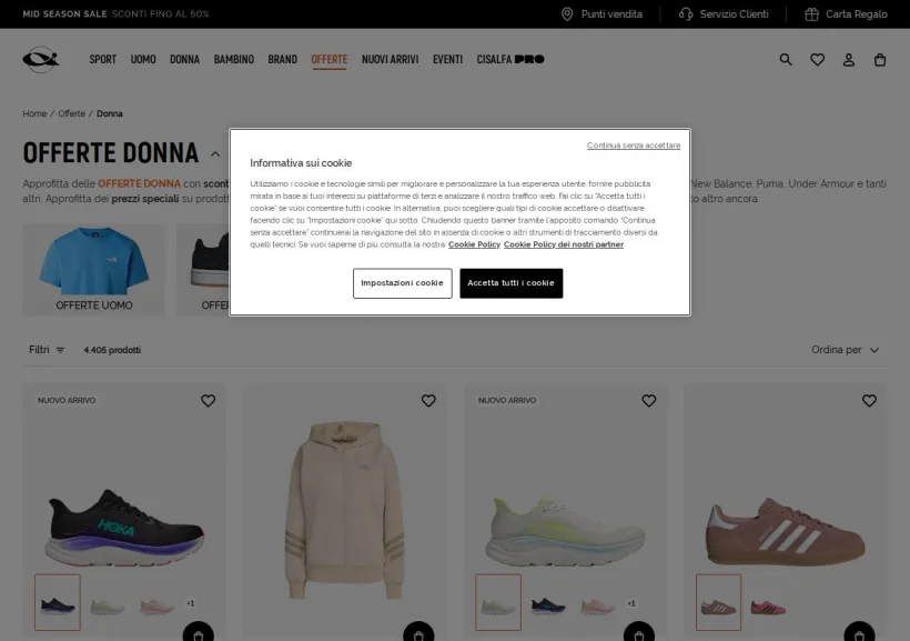Schermata della pagina offerta di Cisalfa