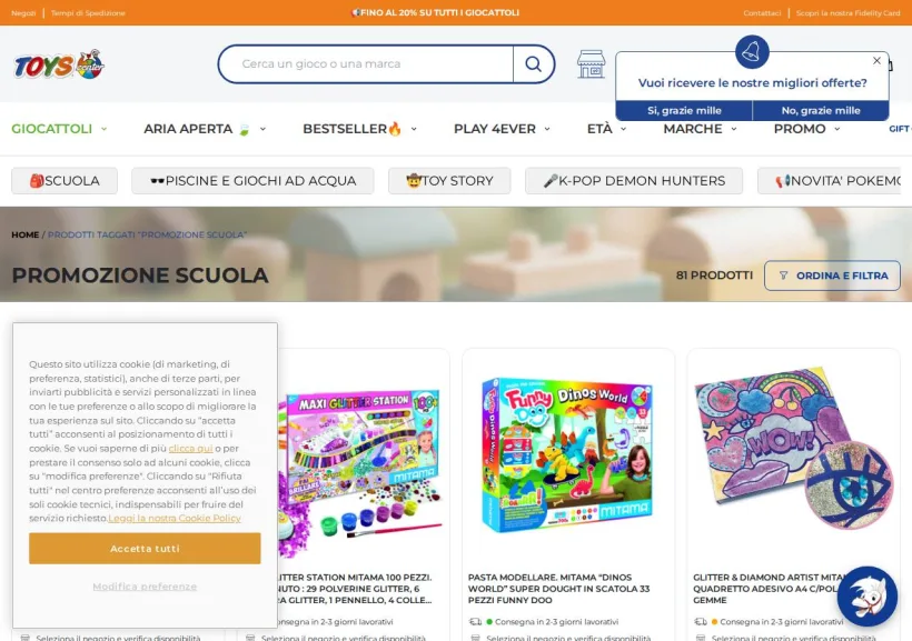 Schermata della pagina offerta di Toys Center