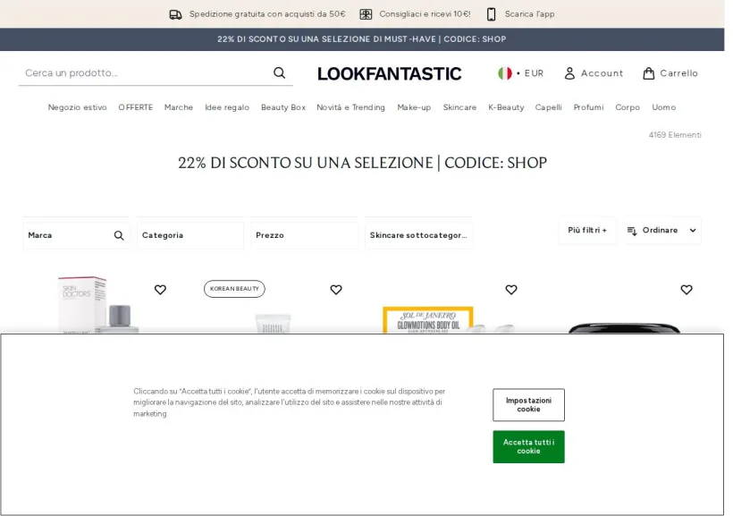 Schermata della pagina offerta di Look Fantastic
