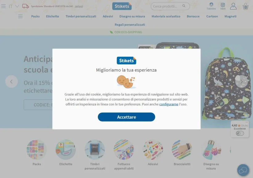 Schermata della pagina offerta di Stikets