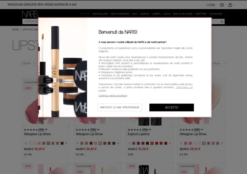 Schermata della pagina offerta di NARS