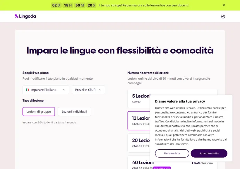 Schermata della pagina offerta di Lingoda