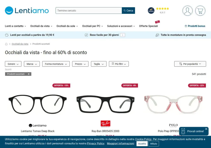 Schermata della pagina offerta di Lentiamo