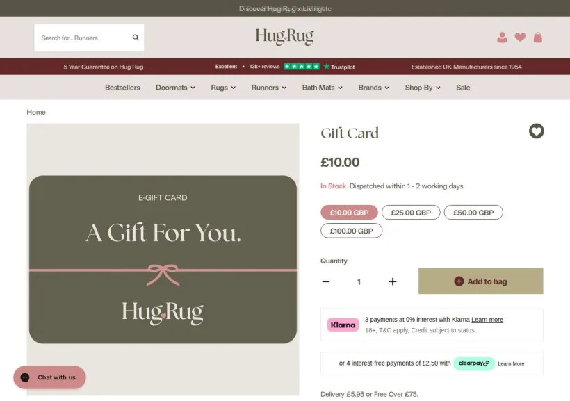 Schermata della pagina offerta di Hugrug.co.uk