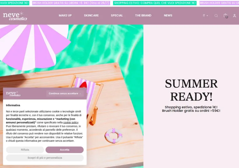 Schermata della pagina offerta di Neve Cosmetics
