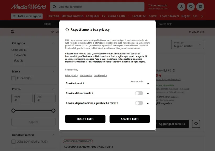 Schermata della pagina offerta di Mediaworld