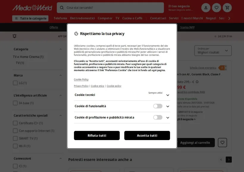Schermata della pagina offerta di Mediaworld