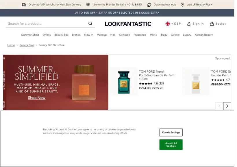 Schermata della pagina offerta di Look Fantastic
