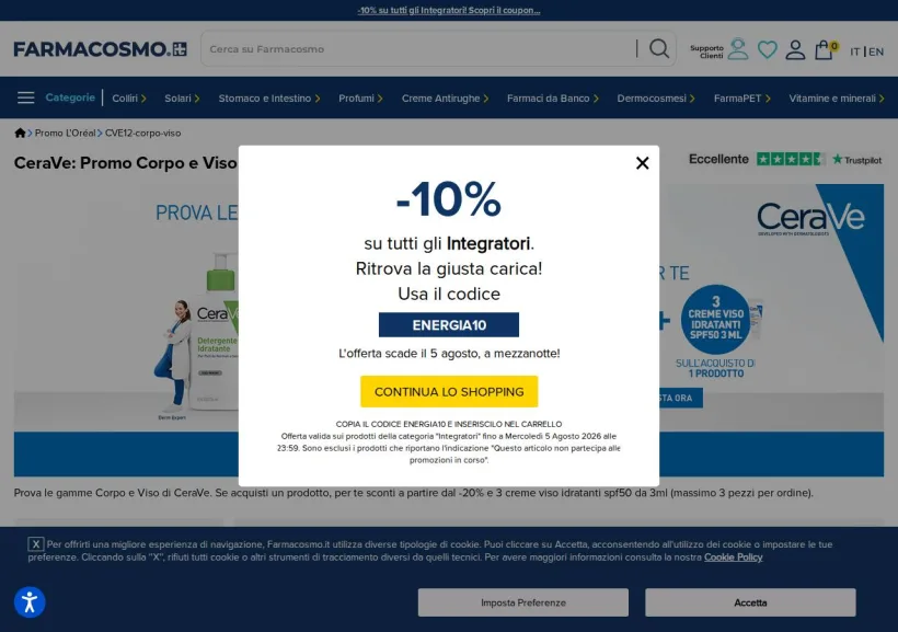 Schermata della pagina offerta di Farmacosmo