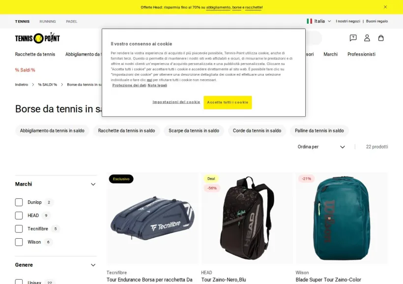 Schermata della pagina offerta di Tennis Point