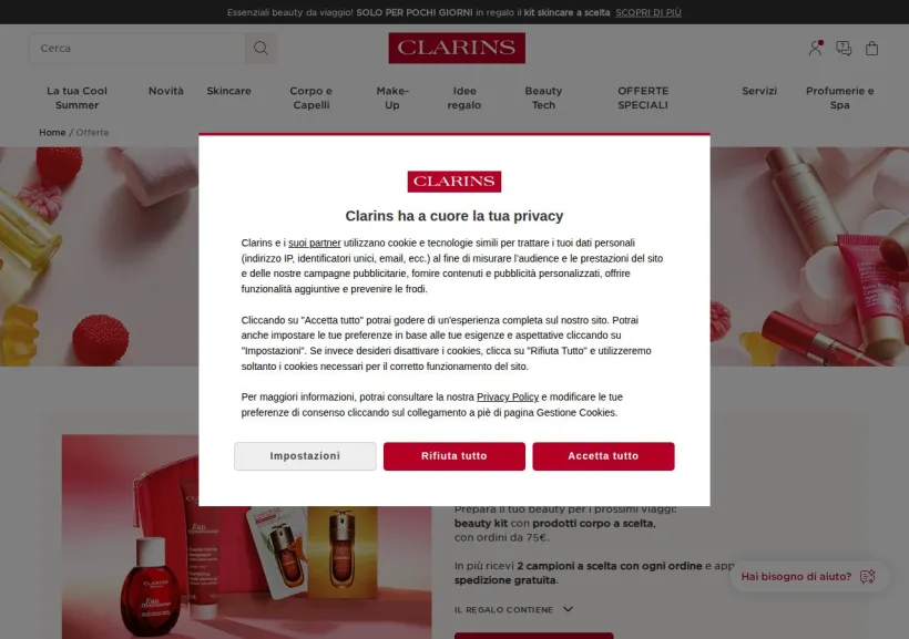 Schermata della pagina offerta di Clarins