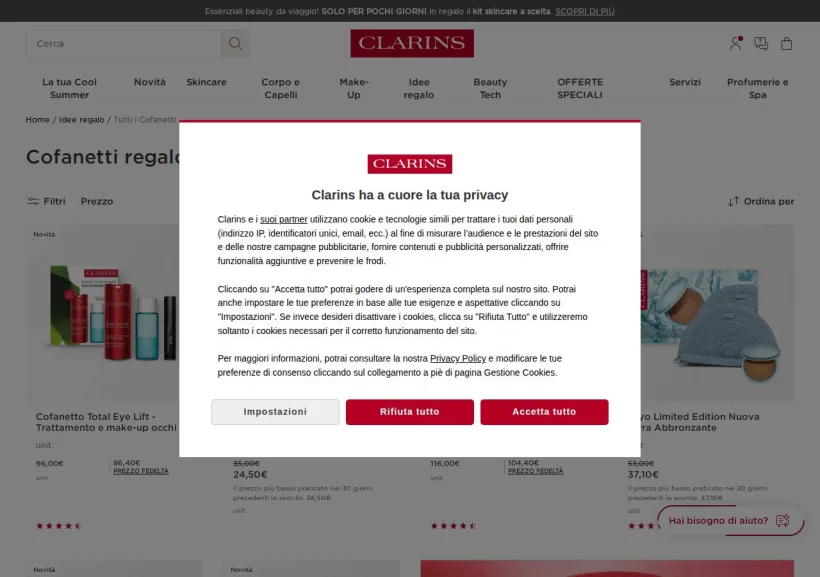 Schermata della pagina offerta di Clarins