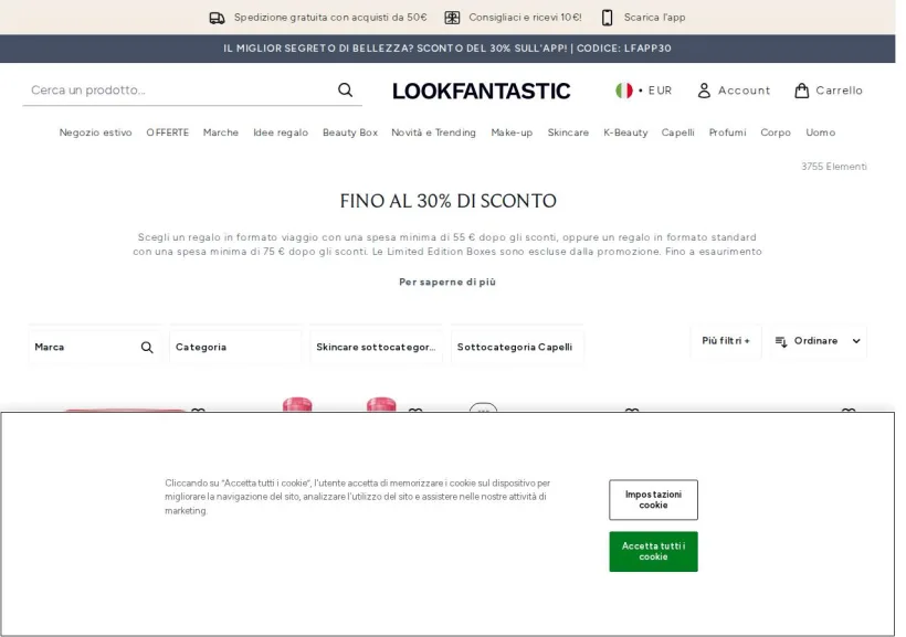 Schermata della pagina offerta di Look Fantastic