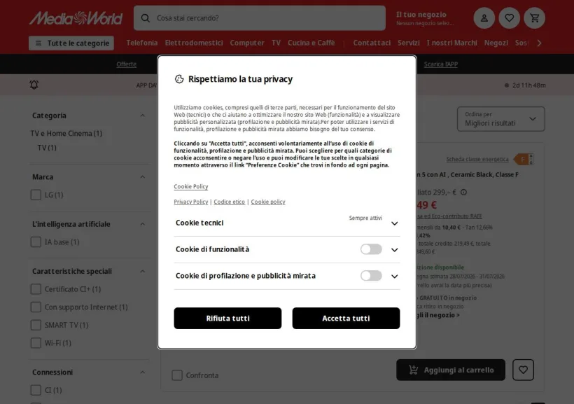 Schermata della pagina offerta di Mediaworld