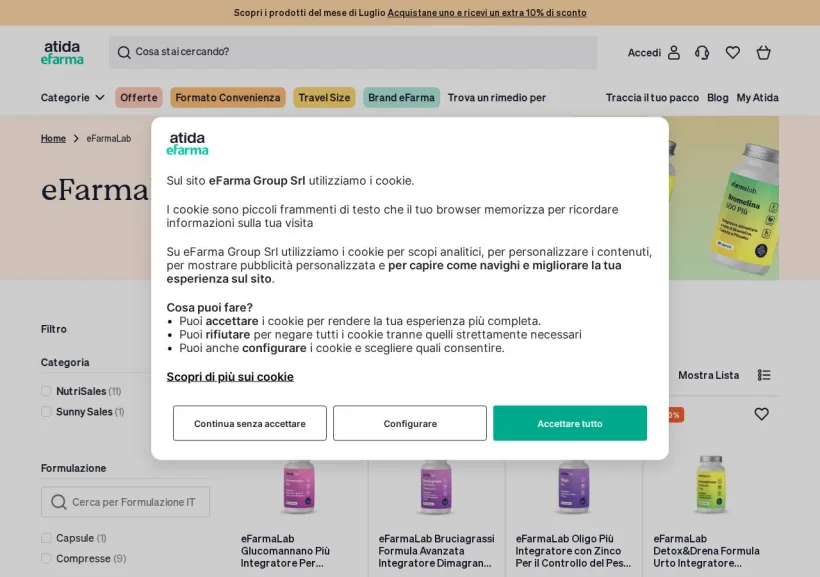 Schermata della pagina offerta di eFarma
