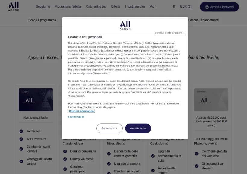 Schermata della pagina offerta di ALL Accor Live Limitless