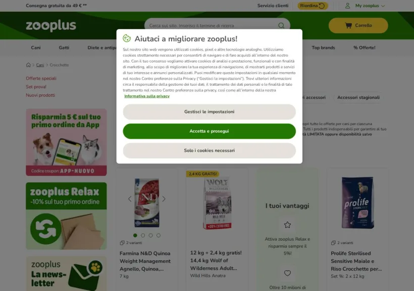 Schermata della pagina offerta di Zooplus