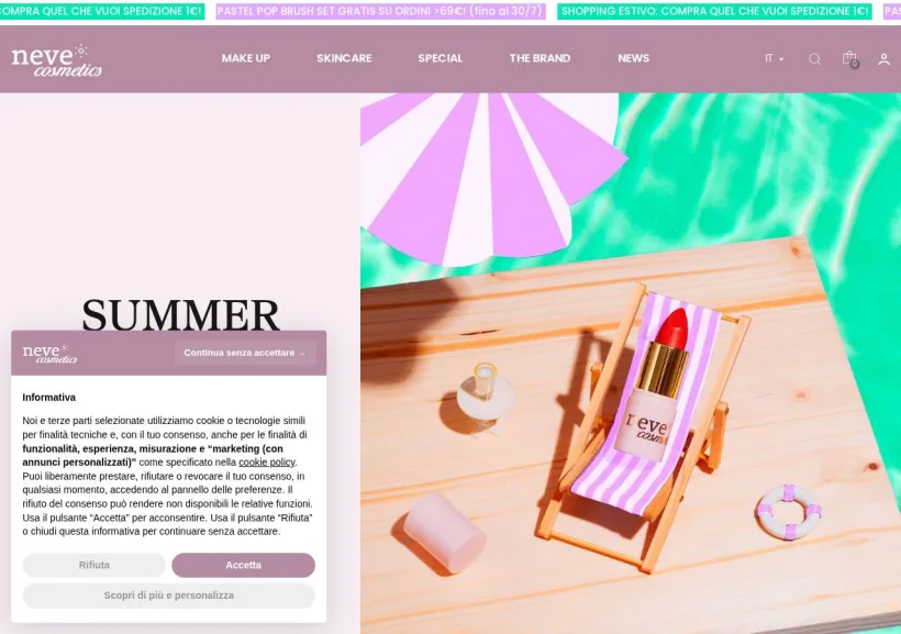 Schermata della pagina offerta di Neve Cosmetics
