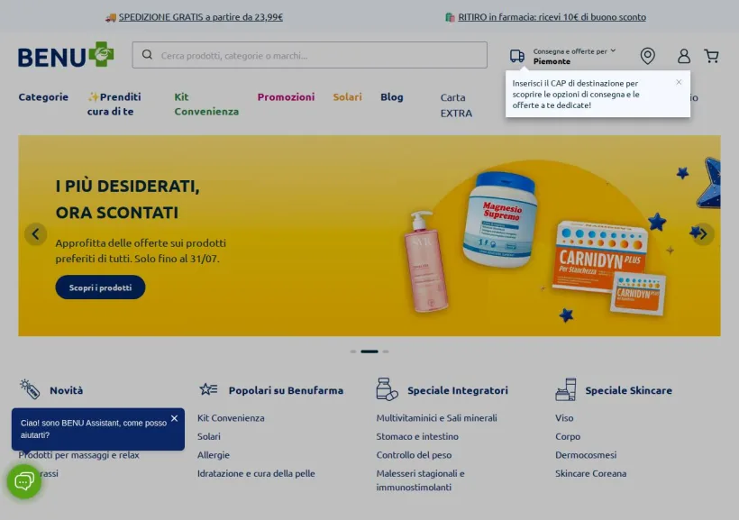 Schermata della pagina offerta di Benu Farma