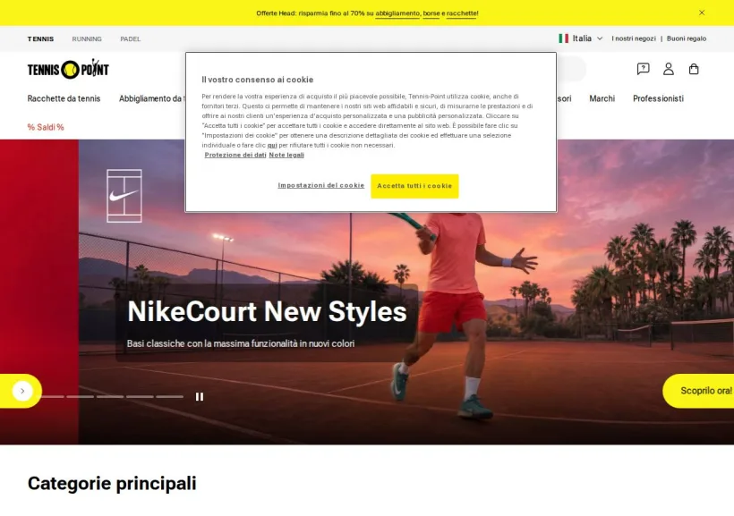 Schermata della pagina offerta di Tennis Point