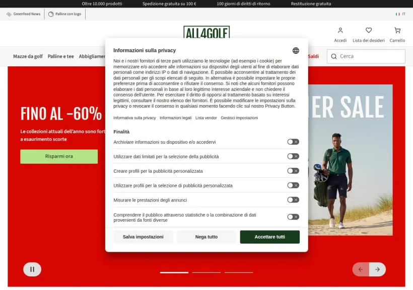 Schermata della pagina offerta di All4Golf