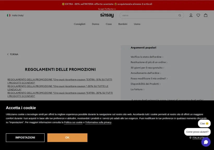 Schermata della pagina offerta di Sinsay