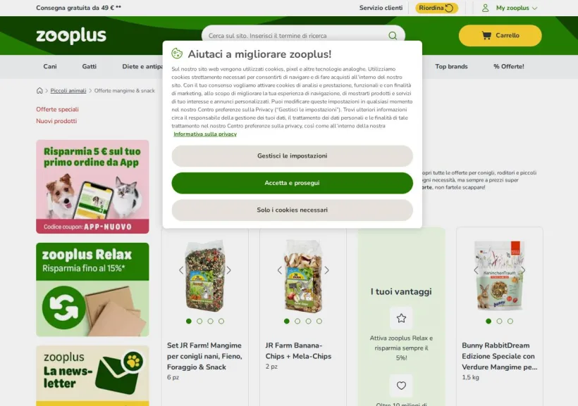 Schermata della pagina offerta di Zooplus