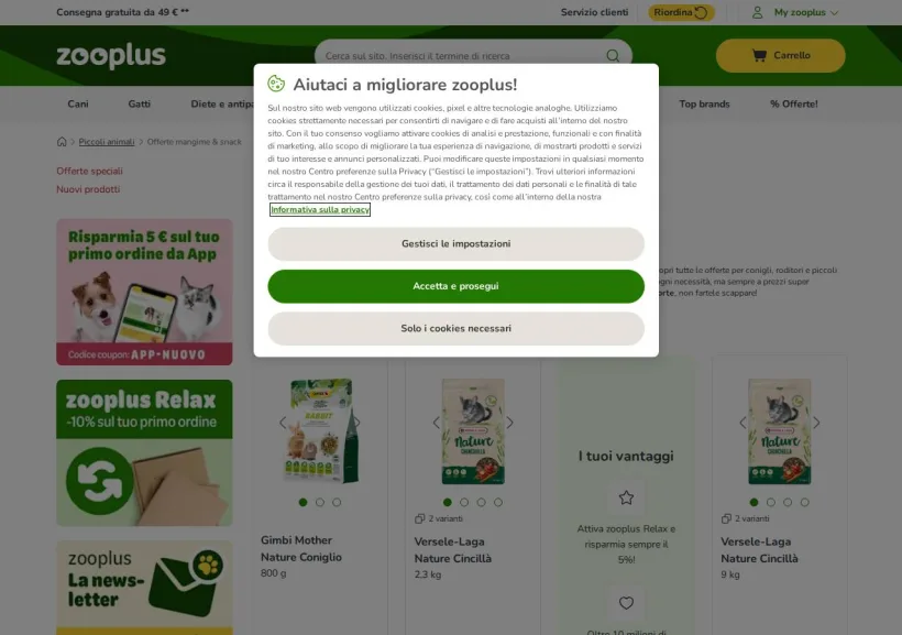 Schermata della pagina offerta di Zooplus