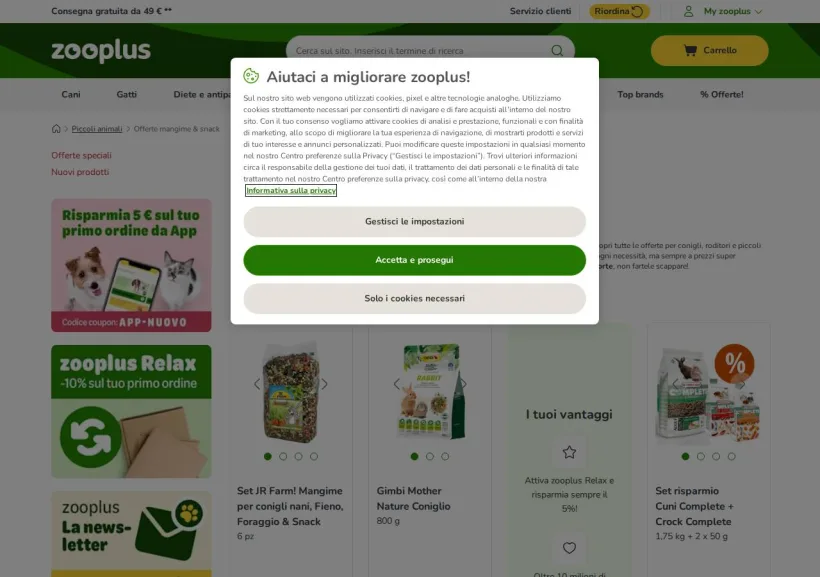 Schermata della pagina offerta di Zooplus