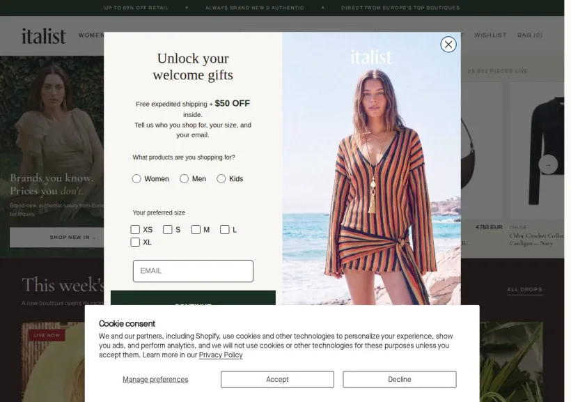 Schermata della pagina offerta di Italist
